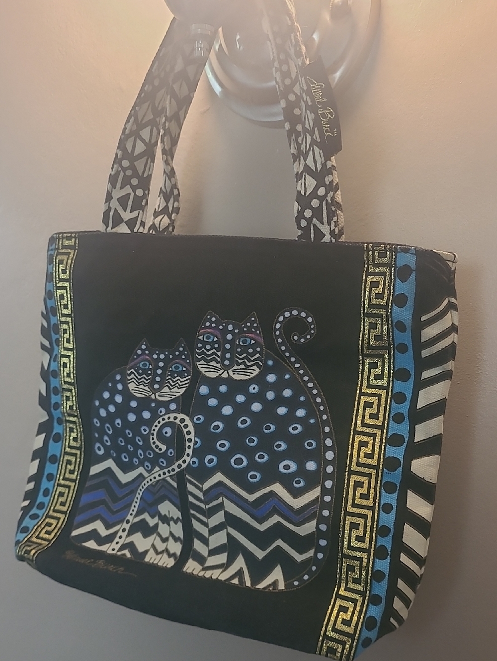 Laurel Burch Black & Blue Cat Pattern Small Tote Bag